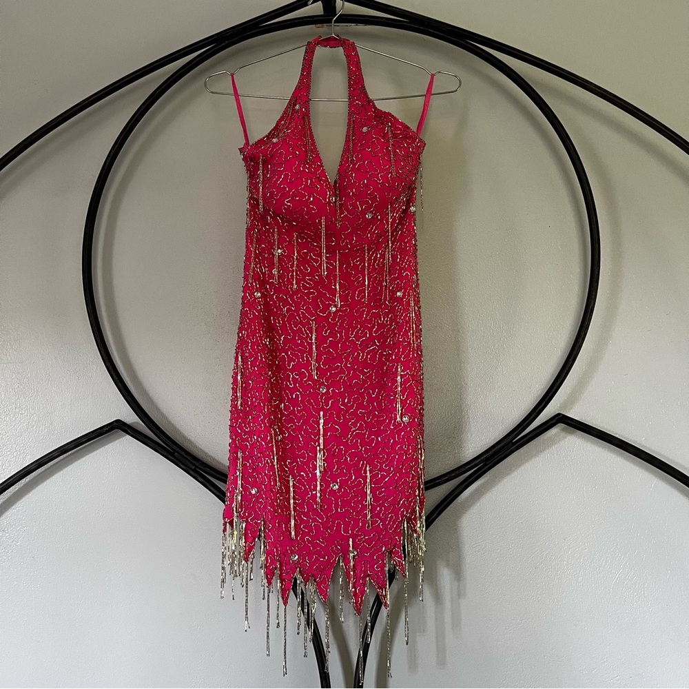 Vintage 100% Silk Hot Pink Sequin Fringe Halter Mini Dress